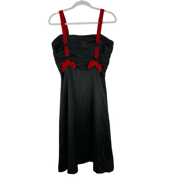 Betsey Johnson NY Vintage 90s Y2K Black Silk Red Velvet Bow Dress Gown Goth Punk